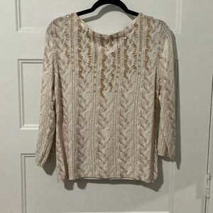 Ruby Rd. Cream Cable-Knit Long Sleeve Top with Gold Sequin Detail